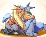  3_toes anthro barefoot big_breasts blaziken blonde_hair blue_eyes blush breasts clothed clothing day-t duo female hair huge_breasts long_hair lucario nintendo plain_background pok&#233;mon pok&#233;morph pok&eacute;mon pok&eacute;morph red_eyes shoes sitting skirt spikes toes video_games white_background 