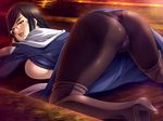  1girl all_fours ass black_eyes black_hair blush boots breast_press breasts breasts_outside demonion_ii:_maou_to_sannin_no_joou from_behind game_cg glasses highres huge_breasts legs long_hair looking_at_viewer looking_back m&amp;m mole open_mouth panties pantyhose solo thighs underwear 