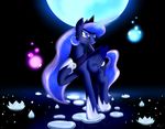  &lt;3 blue_eyes blue_hair blumagpie card crown cutie_mark equine eyeshadow female friendship_is_magic glowing hair horn lily_pad lotus makeup mammal moon my_little_pony necklace princess_luna_(mlp) solo sparkles standing tears water winged_unicorn wings 