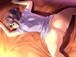  1girl all_fours anus ass bed blue_eyes brown_hair censored china_dress chinese_clothes cum cum_on_hair demonion_ii:_maou_to_sannin_no_joou dress facial game_cg highres legs m&amp;m no_panties pussy short_hair solo sweat thighs twintails 