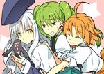  ahoge caren_hortensia fate/hollow_ataraxia fate_(series) green_eyes green_hair grey_hair hat hibino_hibiki hug katsuragi_chikagi kon_manatsu long_hair mahou_tsukai_no_hako multiple_girls orange_hair silver_hair twintails type-moon yellow_eyes 