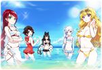  ball bangle beach beachball belly_chain bikini bikini_skirt black_hair blake_belladonna blonde_hair blue_eyes blue_sky border bow bracelet breasts casual_one-piece_swimsuit choker cleavage cloud curly_hair day dokur01 earrings eyewear_on_head flat_chest frilled_bikini frilled_swimsuit frills front-tie_top green_eyes hair_bow hair_ornament innertube jewelry large_breasts long_hair multiple_girls o-ring o-ring_bikini o-ring_bottom o-ring_top ocean one-piece_swimsuit outdoors polka_dot polka_dot_swimsuit ponytail purple_eyes pyrrha_nikos red_bikini red_hair rounded_corners ruby_rose rwby sarong shiny shiny_hair short_hair silver_eyes sky smile sparkle sunglasses swimsuit wading water weiss_schnee white_border white_hair yang_xiao_long yellow_bikini yellow_eyes 