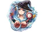  blue_eyes blue_hair breasts cleavage hat long_hair magi_the_labyrinth_of_magic staff tagme_(character) tomoyami water witch_hat 