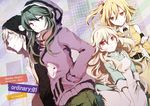  3girls black_eyes blonde_hair braid brown_eyes closed_eyes copyright_name green_hair hands_in_pocket heterochromia hood hoodie kagerou_project kano_shuuya kido_tsubomi kisaragi_momo kozakura_marry long_hair looking_at_viewer multiple_girls red_eyes short_hair side_ponytail smile sotsuari_(kidosannoasagohan) white_hair 