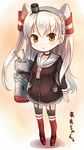  amatsukaze_(kantai_collection) brown_eyes chibi dress foreshortening garter_straps gloves hat kantai_collection long_hair looking_at_viewer mini_hat rensouhou-kun sailor_dress sakura_ani short_dress silver_hair single_glove standing striped striped_legwear thighhighs translated two_side_up zettai_ryouiki 