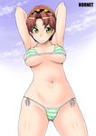  1girl armpits arms_up bikini blush breasts brown_hair cameltoe green_eyes highres hornet_(artist) large_breasts legs looking_away navel short_hair simple_background smile solo standing swimsuit thighs thong 