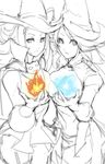  agnes_oblige blue_fire bravely_default:_flying_fairy bravely_default_(series) edea_lee eu03 fire fireball hat long_hair multiple_girls side-by-side spot_color witch_hat 