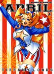 1girl america american_flag blonde_hair boxing_gloves breasts capcom cleavage cleavage_cutout hips jadenkaiba justice_gakuen large_breasts legs shiny smile solo tiffany_lords 