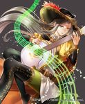  boots green_eyes hat instrument kakusei_avenger long_hair ojyou silver_hair solo thigh_boots thighhighs 