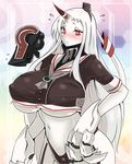  amatsukaze_(kantai_collection) amatsukaze_(kantai_collection)_(cosplay) blush breasts claws cosplay covered_nipples flying_sweatdrops highres horn huge_breasts kantai_collection long_hair navel pale_skin red_eyes seaport_hime shinkaisei-kan solo torii5011 underboob undersized_clothes white_hair 