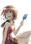  blue_eyes brown_hair food hood hood_down kairi_(kingdom_hearts) kingdom_hearts kingdom_hearts_ii multicolored_hair popsicle red_hair short_hair sitting smile solo tthal two-tone_hair zipper 