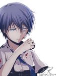  akuma_no_riddle azuma_tokaku bad_id bad_pixiv_id blood blood_on_face blood_on_fingers blue_eyes blue_hair highres necktie nrbwrbsn parted_lips short_hair simple_background solo white_background 