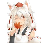 animal_ears hat inubashiri_momiji leaf maple_leaf one_eye_closed shino_(r_shughart) smile solo tokin_hat touhou white_background wolf_ears 