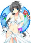  arm_strap bangs bare_shoulders bikini bikini_skirt black_hair blue_eyes bow breasts cleavage collarbone eyebrows_visible_through_hair hair_bow hair_ornament hairclip innertube long_hair looking_at_viewer medium_breasts navel original ponytail shouyan side-tie_bikini simple_background solo swimsuit very_long_hair white_background white_bikini 