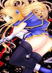  1girl arc_system_works ass blazblue blazblue:_chronophantasma blonde_hair blush boots cape dual_wielding female gloves green_eyes gun hair_ornament long_hair looking_at_viewer no_panties noel_vermillion open_mouth parted_lips skirt solo thighhighs weapon yagiri_yue 