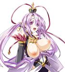  :d blush breasts breasts_outside colored_eyelashes facial_mark forehead_mark hat large_breasts long_hair namuya nipples open_mouth original purple_eyes purple_hair smile solo twintails unaligned_breasts 