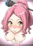  1girl areolae battle_spirits blush breasts from_above highres hornet_(artist) large_breasts legs long_hair looking_at_viewer magisa nipples nude pink_hair ponytail simple_background smile solo standing thighs yellow_eyes 