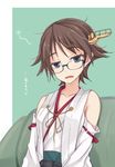  bare_shoulders bespectacled blue_eyes brown_hair collarbone detached_sleeves glasses hairband hiei_(kantai_collection) japanese_clothes kantai_collection ogami_kazuki open_mouth saliva short_hair sitting sleepy solo 