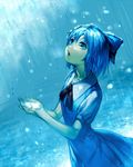  :o aritoki_ritsu blue blue_dress blue_eyes blue_hair bow cirno dress hair_bow looking_up rain short_hair short_sleeves snowing solo touhou water 