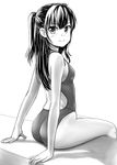  ass competition_swimsuit greyscale highres long_hair looking_at_viewer monochrome one-piece_swimsuit original sitting smile swimsuit tk4 two_side_up 