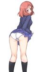  ass black_legwear blazer condom condom_in_mouth garyou jacket kneehighs looking_back love_live! love_live!_school_idol_project mouth_hold nishikino_maki panties purple_eyes red_hair simple_background skirt skirt_lift socks solo underwear white_background white_panties 