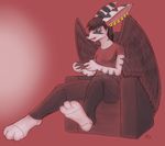  anthro black_hair blue_eyes demon female fur hair piercing sakido_elexion slightly_damned socks solo white_fur wings yellowpower 