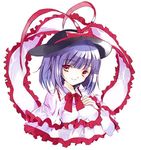  bad_id bad_twitter_id blue_hair bow breasts cierra_(ra-bit) frills hat hat_bow long_sleeves looking_at_viewer medium_breasts nagae_iku portrait red_eyes shawl short_hair simple_background smile solo touhou white_background 