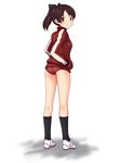  a9b_(louis814) alternate_costume ass brown_eyes brown_hair buruma full_body gym_uniform hair_ribbon hands_in_pockets highres jacket kantai_collection kneehighs open_mouth ponytail ribbon shikinami_(kantai_collection) shoes short_hair simple_background solo track_jacket 