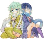  asada_shino bad_id bad_pixiv_id black_hair blue_eyes closed_eyes dual_persona fina_(sa47rin5) glasses green_hair multiple_girls scarf school_uniform short_hair sinon sleeping sword_art_online 