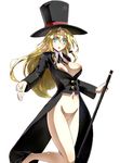  blonde_hair blue_eyes blush bottomless breasts cane detached_collar hat high_heels large_breasts long_hair magician namuya navel nipples open_mouth original solo top_hat 