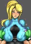  1girl between_breasts blonde_hair blue_eyes blush boxing_gloves breasts covered_nipples eyebrows eyeshadow head_between_breasts height_difference highres holding_hands huge_breasts lips little_mac makeup metroid mole ponytail punch-out!! randomboobguy samus_aran super_smash_bros. 