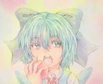  acrylic_paint_(medium) apple blue_eyes blue_hair bow cirno eating food fruit gradient gradient_background graphite_(medium) hair_bow highres looking_at_viewer looking_away open_mouth ribbon short_hair solo touhou traditional_media upper_body watercolor_(medium) wings yuyu_(00365676) 