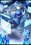  absurdres bad_id bad_pixiv_id binary blue blue_eyes blue_hair boots cable ene_(kagerou_project) floating gevjon grid headphones highres holographic_monitor jacket kagerou_project letterboxed sleeves_past_wrists smile solo thigh_boots thighhighs track_jacket twintails 
