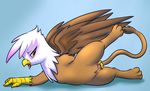  avian beak blue_background brown_fur clopper-dude female feral friendship_is_magic fur gilda_(mlp) gryphon hi_res lying my_little_pony on_side one_leg_up plain_background pussy shadow solo spread_pussy spreading tongue white_fur wings yellow_eyes 