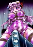  bdsm beads bondage bound breasts crescent crotch_rope hat highres large_breasts lilish long_hair nipples patchouli_knowledge purple_eyes purple_hair rope sex_machine shibari shibari_over_clothes solo tears thighhighs touhou wooden_horse 