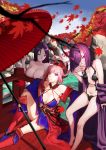  3girls absurdres autumn autumn_leaves bangs bare_shoulders barefoot black_choker blue_bikini_top blue_kimono blue_skirt breasts choker day detached_sleeves erect_nipples eyebrows_visible_through_hair fate/grand_order fate_(series) folded_ponytail freze hair_over_one_eye halter_top halterneck highres japanese_clothes kimono large_breasts leaf long_hair looking_at_viewer magatama maple_leaf minamoto_no_raikou_(fate/grand_order) miyamoto_musashi_(fate/grand_order) multiple_girls nude obi oni oni_horns open_clothes open_kimono open_mouth oriental_umbrella outdoors parted_bangs pink_hair purple_eyes purple_hair purple_kimono red_legwear revealing_clothes river rock sash short_hair shuten_douji_(fate/grand_order) sitting skirt small_breasts swept_bangs umbrella water 