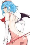  ascot backless_outfit bad_id bad_pixiv_id bare_back bat_wings blue_hair butt_crack china_dress chinese_clothes dress earrings elbow_gloves fang gloves hat jewelry red_eyes remilia_scarlet ruuto_(sorufu) short_hair simple_background smile solo touhou white_background white_gloves wings 