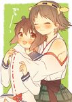  ^_^ bangs blush brown_eyes brown_hair closed_eyes headband hiei_(kantai_collection) hug hug_from_behind japanese_clothes kantai_collection kuroki_(ma-na-tu) long_sleeves multiple_girls open_mouth shirt short_hair smile white_shirt yukikaze_(kantai_collection) 