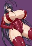  1girl ahoge areolae black_hair breasts curvy dominatrix elbow_gloves erect_nipples female gloves hips huge_breasts ikkitousen kan&#039;u_unchou kan'u_unchou long_hair mound_of_venus nipples open_mouth otogi_tetsurou puffy_nipples red_legwear simple_background solo standing thick_thighs thighhighs thighs very_long_hair wide_hips 
