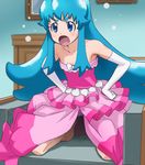  bare_shoulders barefoot blue_eyes blue_hair blush bustier elbow_gloves gloves hands_on_hips happinesscharge_precure! haruyama_kazunori kneeling long_hair open_mouth precure shell shirayuki_hime solo white_gloves 