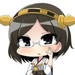  big_head black_eyes black_hair chibi commentary_request detached_sleeves glasses hairband hand_on_hip hand_up headgear kantai_collection kirishima_(kantai_collection) nontraditional_miko open_mouth simple_background solo twumi white_background wide_sleeves 