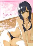  2014 bikini black_bikini black_hair blush breasts cleavage dated ginmaru medium_breasts original short_hair sitting smile solo swimsuit yellow_eyes yokozuwari 