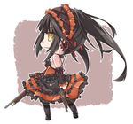  absurdres bare_shoulders black_hair black_legwear boots chibi clock_eyes date_a_live dress dual_wielding gun hairband highres holding lolita_fashion lolita_hairband long_hair looking_back pantyhose rifle sakana_(kuraki1204) smile solo symbol-shaped_pupils tokisaki_kurumi twintails uneven_twintails weapon yellow_eyes 