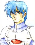  armor blue_hair eusis_landale expressionless highres male_focus phantasy_star phantasy_star_ii solo traditional_media upper_body white_background 