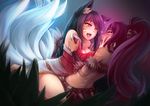  ahri animal_ear_fluff animal_ears bare_shoulders black_hair blush bra braid breasts bush collarbone detached_sleeves facial_mark fang fox_ears fox_tail hand_on_another's_face heart large_breasts league_of_legends long_hair mind_control multiple_girls multiple_tails nidalee open_mouth ponytail ricegnat saliva saliva_trail shiny shiny_skin smile tail tongue tongue_out underwear whisker_markings yellow_eyes yuri 