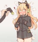  ! 1girl ? @_@ animal_ears bag bangs black_coat black_gloves black_panties blonde_hair blush cat_ears cat_tail character_name clenched_hands commentary_request cowboy_shot embarrassed eyebrows_visible_through_hair fake_animal_ears fake_tail fang flying_sweatdrops fume girls_frontline gloves green_eyes grey_background headphones high_collar long_hair long_sleeves mou_tama_maru no_pants nose_blush open_mouth panties shoulder_bag solo_focus spoken_exclamation_mark spoken_question_mark surprised sweat tail tareme tearing_up tmp_(girls_frontline) underwear wavy_mouth 