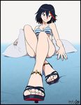  bad_id bad_pixiv_id black_border black_hair blue_bra blue_panties blush border bra breasts feet fingernails fingers foreshortening hands high_heels highres kill_la_kill legs looking_at_viewer matoi_ryuuko multicolored_hair panties pillow pov_feet sandals small_breasts smile solo star striped striped_bra striped_panties toenails toes two-tone_hair ukimen underwear underwear_only 