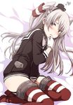  amatsukaze_(kantai_collection) blush brown_eyes clothed_masturbation dress finger_in_mouth garter_straps gloves hat kantai_collection long_hair lying masturbation masturbation_through_clothing mini_hat nagami_yuu on_side sailor_dress short_dress silver_hair single_glove solo striped striped_legwear sweat thighhighs two_side_up zettai_ryouiki 
