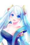  bare_shoulders blue_eyes blue_hair blush breasts cleavage large_breasts league_of_legends long_hair looking_at_viewer mizoreame open_mouth smile solo sona_buvelle twintails 