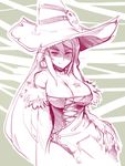  bare_shoulders breast_tattoo breasts cleavage corset drawfag earrings hat jewelry large_breasts long_hair luminous_arc monochrome sketch solo tattoo vanessa_(luminous_arc) very_long_hair witch witch_hat 